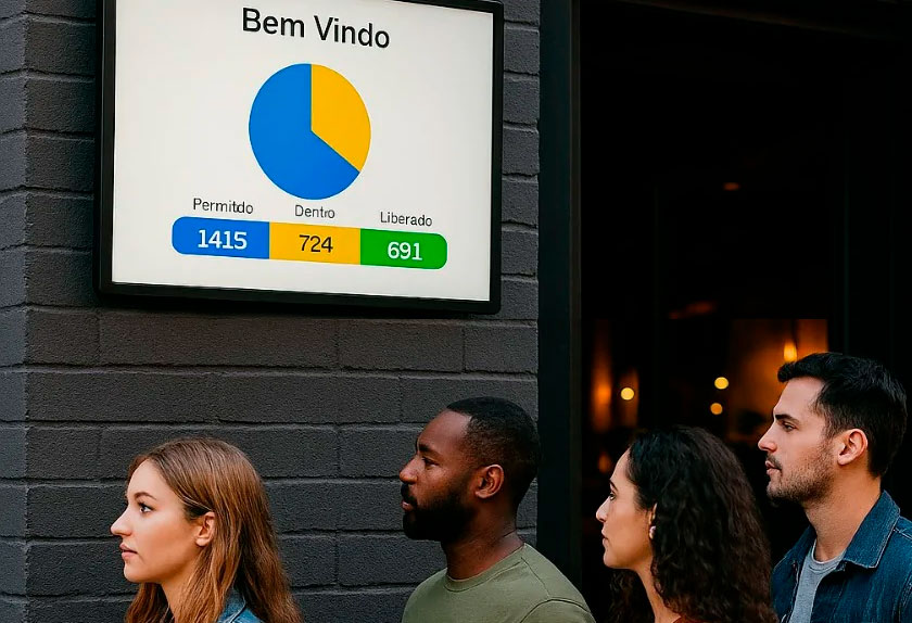 Painel digital em entrada de evento mostrando total de ocupação, pessoas presentes e vagas disponíveis.