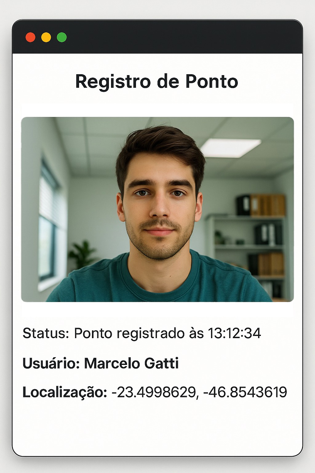Tela do PWA antes do Tailwind: Registro de Ponto com câmera, status de ponto registrado às 13:12:34, usuário Marcelo Gatti e localização.