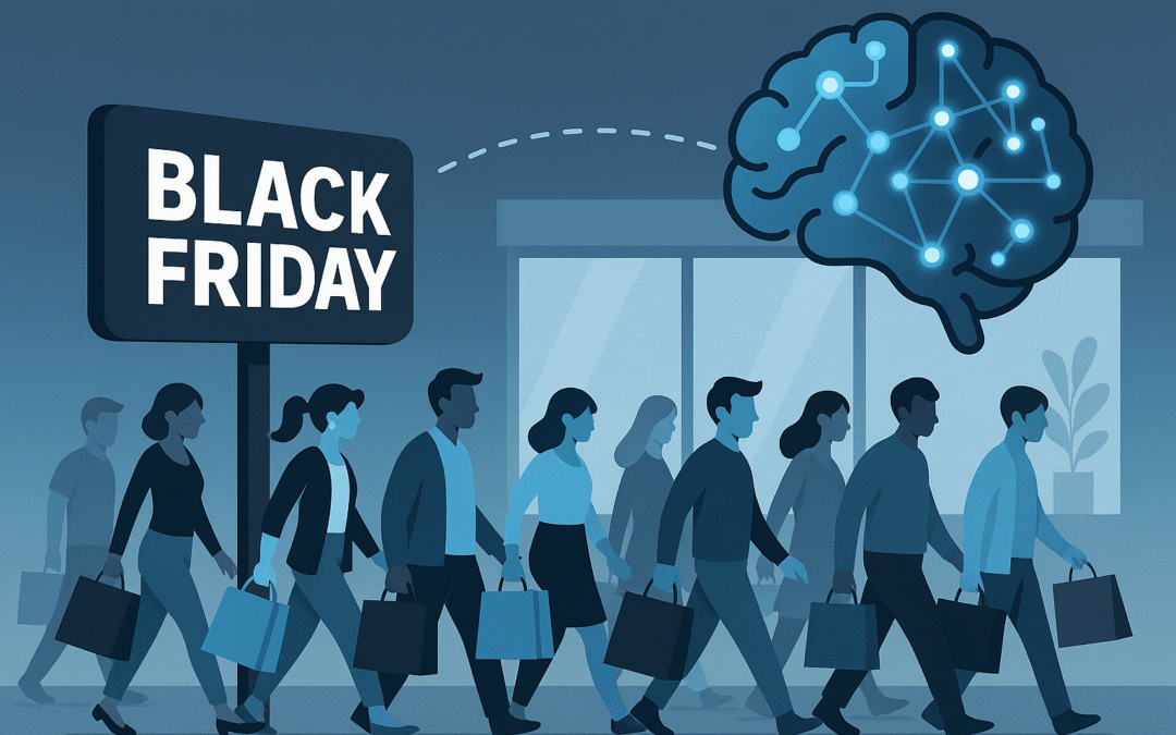 Ilustração digital de um shopping center movimentado durante a Black Friday, com pessoas caminhando com sacolas e elementos gráficos que representam tecnologia, inteligência artificial e análise de fluxo de pessoas.
