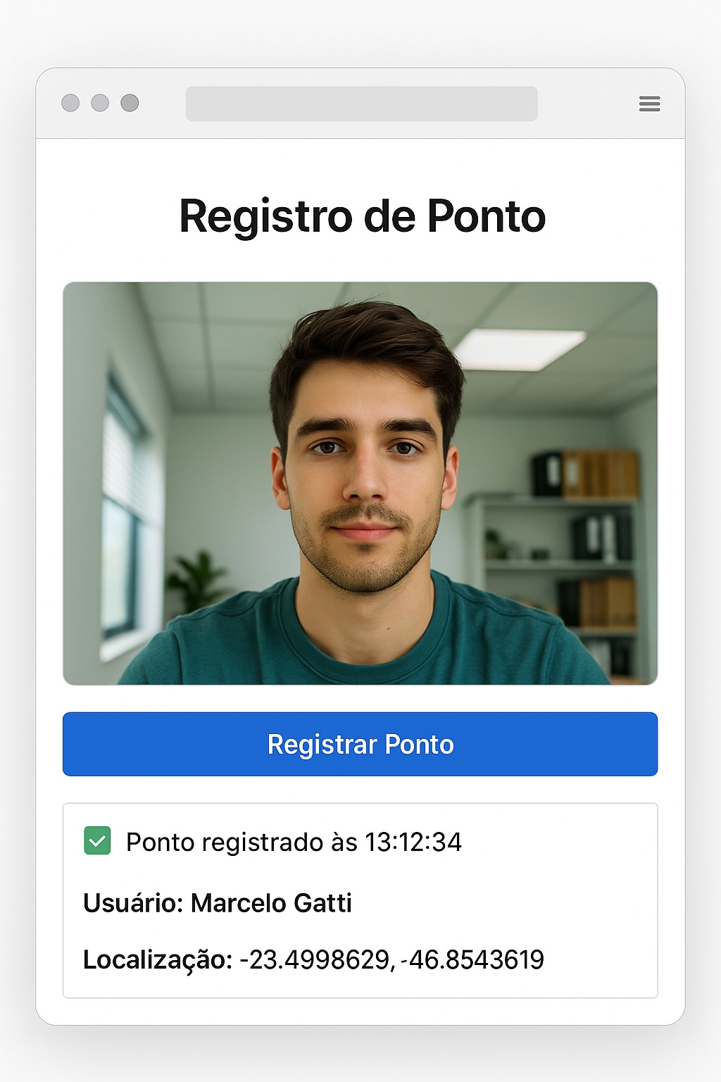 Tela do PWA após Tailwind: Registro de Ponto com câmera, botão estilizado Registrar Ponto, cartão de status com ponto registrado às 13:12:34, usuário Marcelo Gatti e localização.