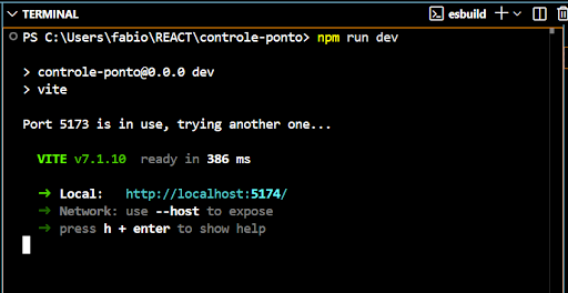 Execução do projeto no terminal com npm run dev