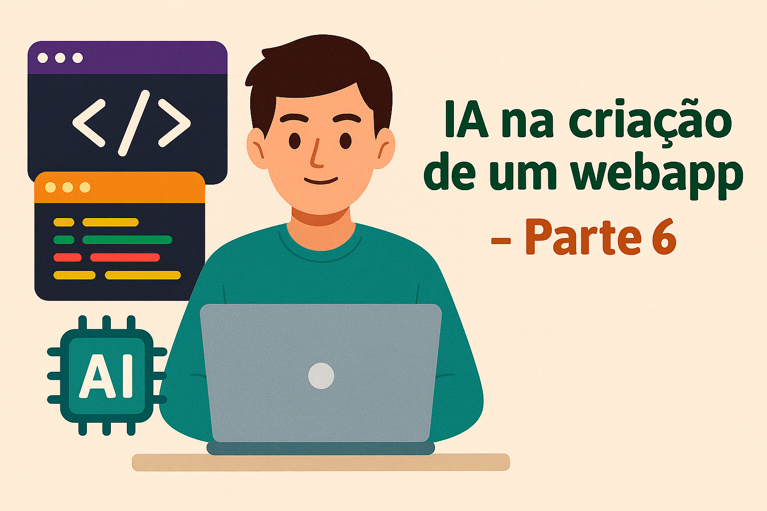 Ilustração de desenvolvedor programando com inteligência artificial e gráficos de rede neural em telas, representando a integração entre IA, React e Flask.