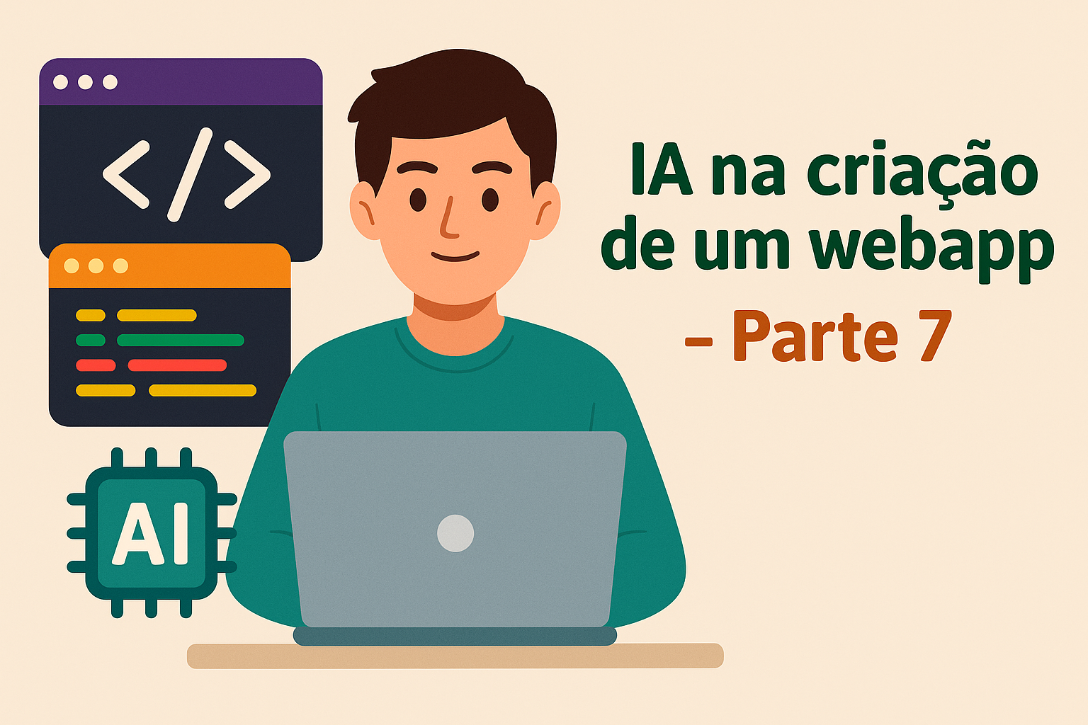 Ilustração de desenvolvedor programando com inteligência artificial e gráficos de rede neural em telas, representando a integração entre IA, React e Flask.