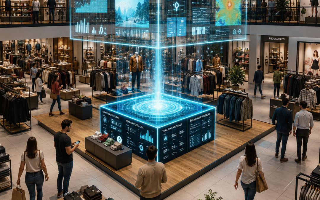 Painel digital mostrando Digital Twin de uma loja física com análise de fluxo de pessoas, heatmap, audiência em vitrines e inteligência artificial para varejo.